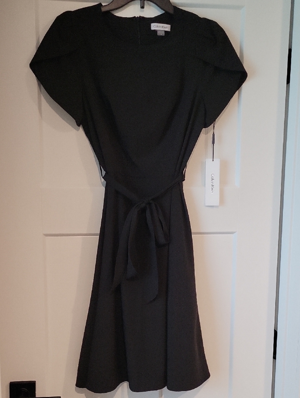 Calvin Klein Black Short-Sleeve Tie-Waist Midi Dress